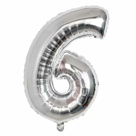Balon din folie metalizata, Flippy, Balon aniversar, 40 cm, Silver, Ambalaj Individual, Pai Inclus, Cifra 6-0
