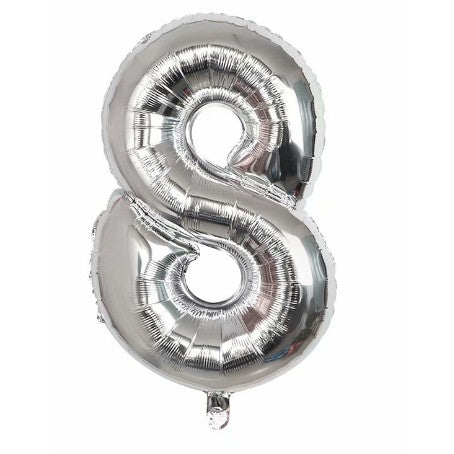 Balon din folie metalizata, Flippy, Balon aniversar, 40 cm, Silver, Ambalaj Individual, Pai Inclus, Cifra 8-0
