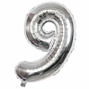 Balon din folie metalizata, Flippy, Balon aniversar, 40 cm, Silver, Ambalaj Individual, Pai Inclus, Cifra 9-0