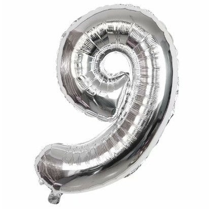 Balon din folie metalizata, Flippy, Balon aniversar, 40 cm, Silver, Ambalaj Individual, Pai Inclus, Cifra 9-0