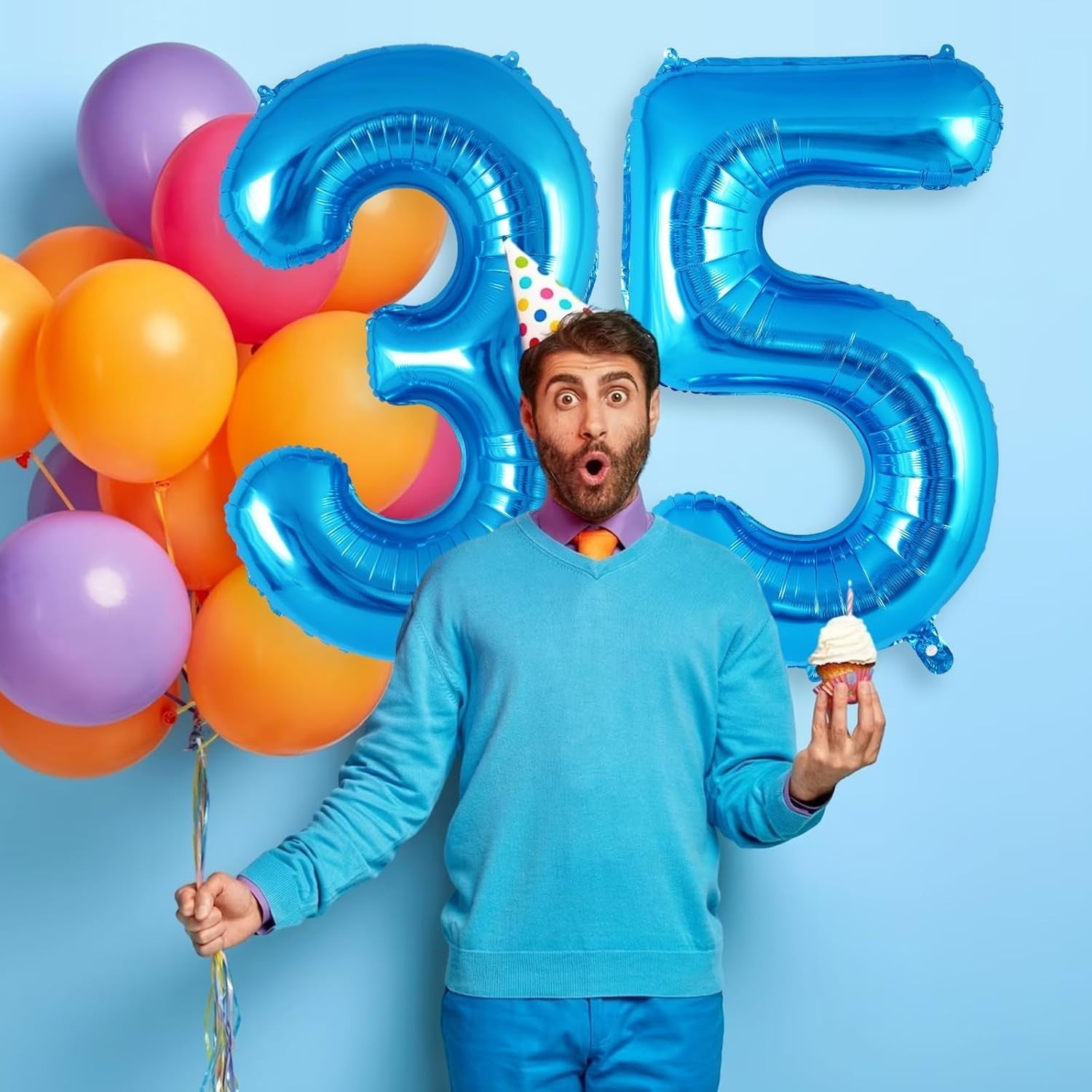 Balon din Folie Metalizata, Flippy, Figurina Cifra, Tema Aniversare 100 cm, Ambalaj Individual, Pai inclus, Umflare cu Aer sau Heliu, Albastru, Cifra 3-2