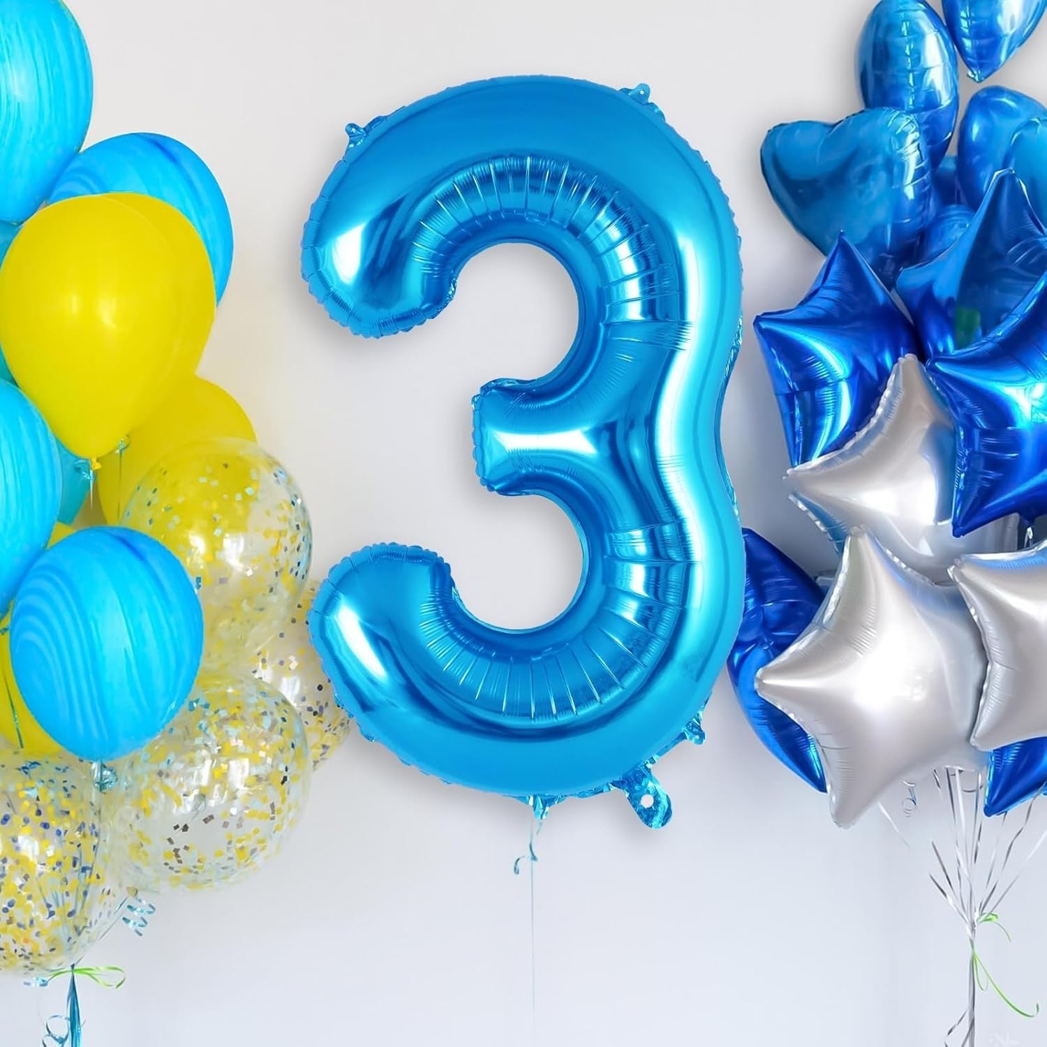 Balon din Folie Metalizata, Flippy, Figurina Cifra, Tema Aniversare 100 cm, Ambalaj Individual, Pai inclus, Umflare cu Aer sau Heliu, Albastru, Cifra 3-4
