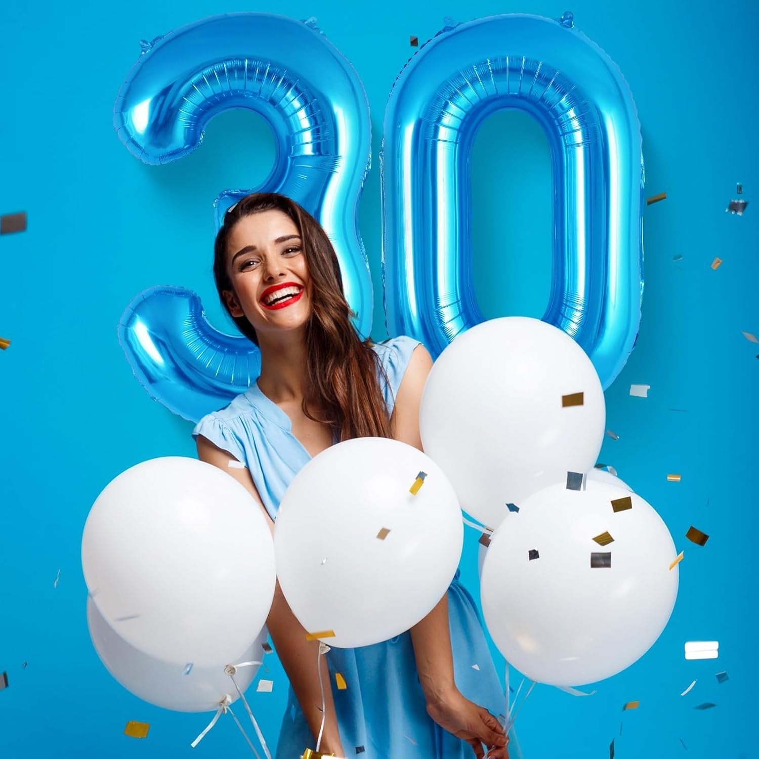 Balon din Folie Metalizata, Flippy, Figurina Cifra, Tema Aniversare 100 cm, Ambalaj Individual, Pai inclus, Umflare cu Aer sau Heliu, Albastru, Cifra 3-7