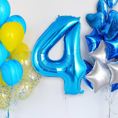 Balon din Folie Metalizata, Flippy, Figurina Cifra, Tema Aniversare 100 cm, Ambalaj Individual, Pai inclus, Umflare cu Aer sau Heliu, Albastru, Cifra 4-2