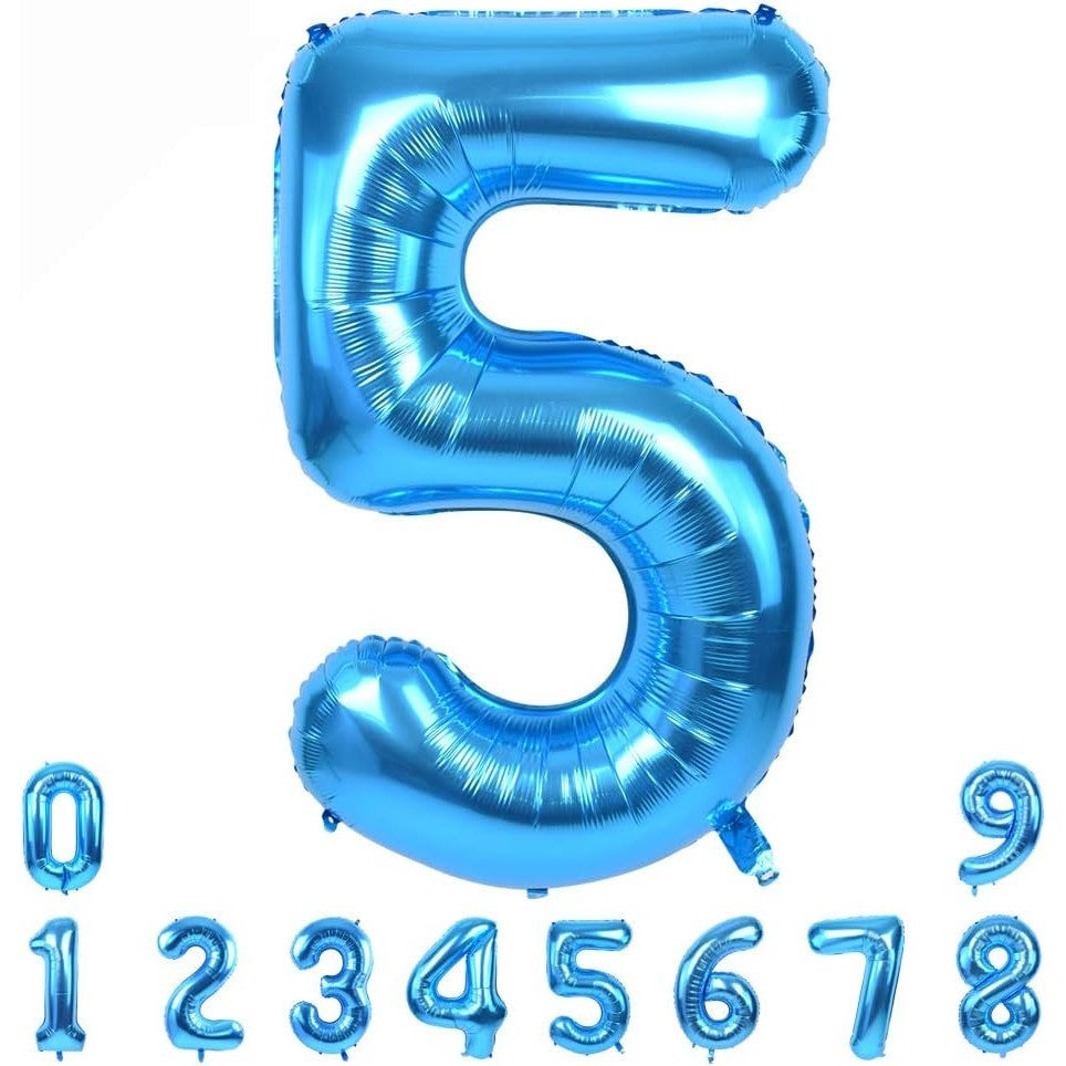 Balon din Folie Metalizata, Flippy, Figurina Cifra, Tema Aniversare 100 cm, Ambalaj Individual, Pai inclus, Umflare cu Aer sau Heliu, Albastru, Cifra 5-1