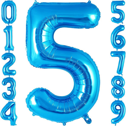 Balon din Folie Metalizata, Flippy, Figurina Cifra, Tema Aniversare 100 cm, Ambalaj Individual, Pai inclus, Umflare cu Aer sau Heliu, Albastru, Cifra 5-2