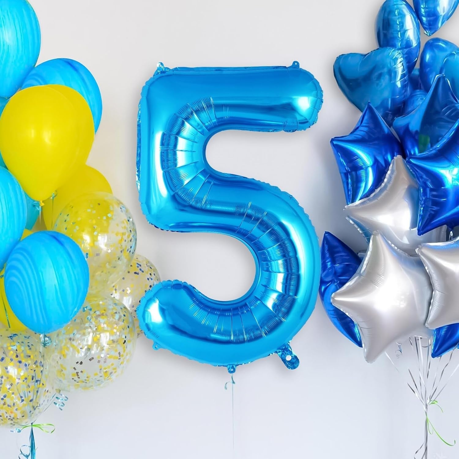 Balon din Folie Metalizata, Flippy, Figurina Cifra, Tema Aniversare 100 cm, Ambalaj Individual, Pai inclus, Umflare cu Aer sau Heliu, Albastru, Cifra 5-3