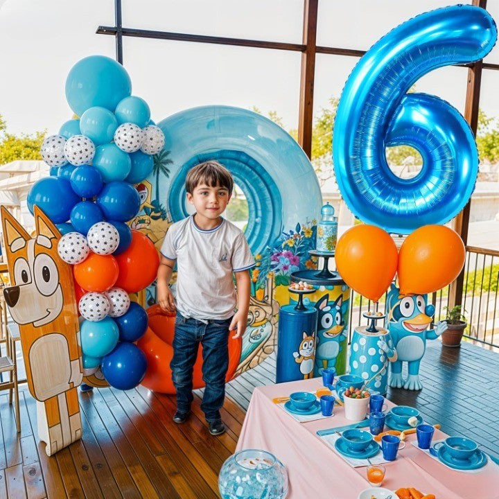 Balon din Folie Metalizata Flippy, Figurina Cifra, Tema Aniversare 100 cm, Ambalaj Individual, Pai inclus, Umflare cu Aer sau Heliu, Albastru, Cifra 6-2