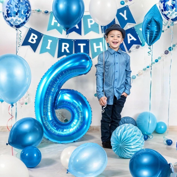 Balon din Folie Metalizata Flippy, Figurina Cifra, Tema Aniversare 100 cm, Ambalaj Individual, Pai inclus, Umflare cu Aer sau Heliu, Albastru, Cifra 6-3