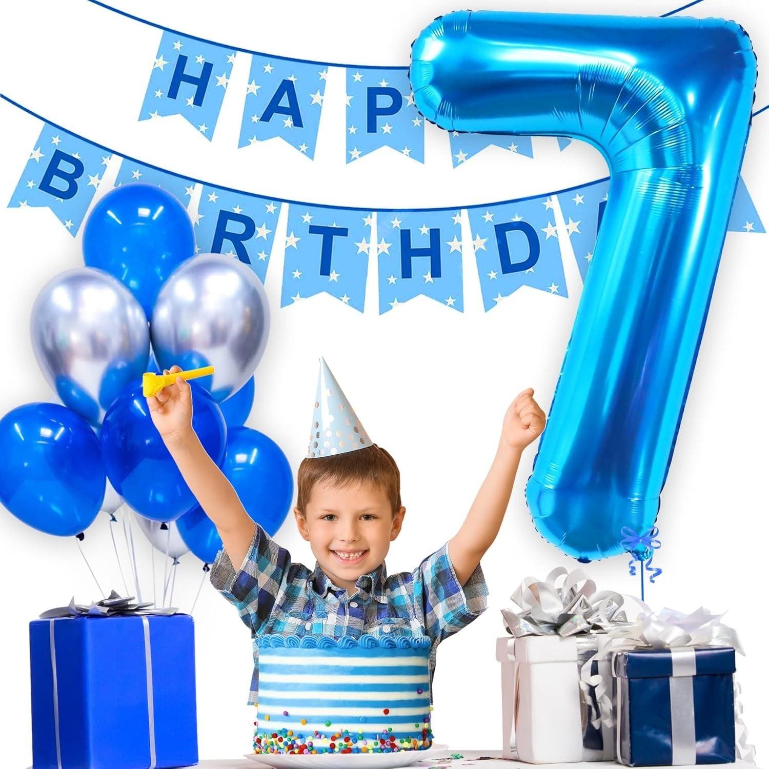 Balon din Folie Metalizata, Flippy, Figurina Cifra, Tema Aniversare 100 cm, Ambalaj Individual, Pai inclus, Umflare cu Aer sau Heliu, Albastru, Cifra 7-2