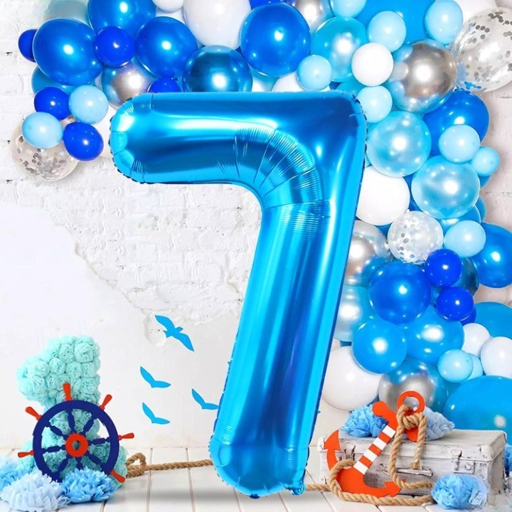 Balon din Folie Metalizata, Flippy, Figurina Cifra, Tema Aniversare 100 cm, Ambalaj Individual, Pai inclus, Umflare cu Aer sau Heliu, Albastru, Cifra 7-3
