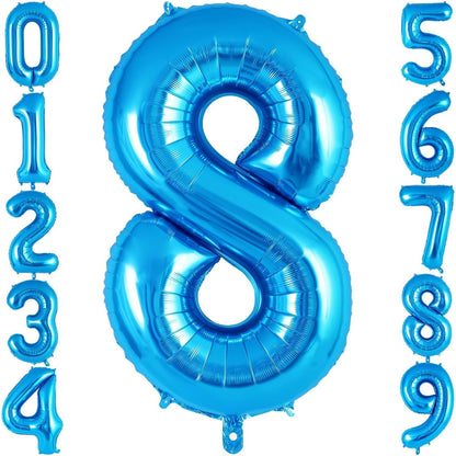 Balon din Folie Metalizata, Flippy, Figurina Cifra, Tema Aniversare 100 cm, Ambalaj Individual, Pai inclus, Umflare cu Aer sau Heliu, Albastru, Cifra 8-2