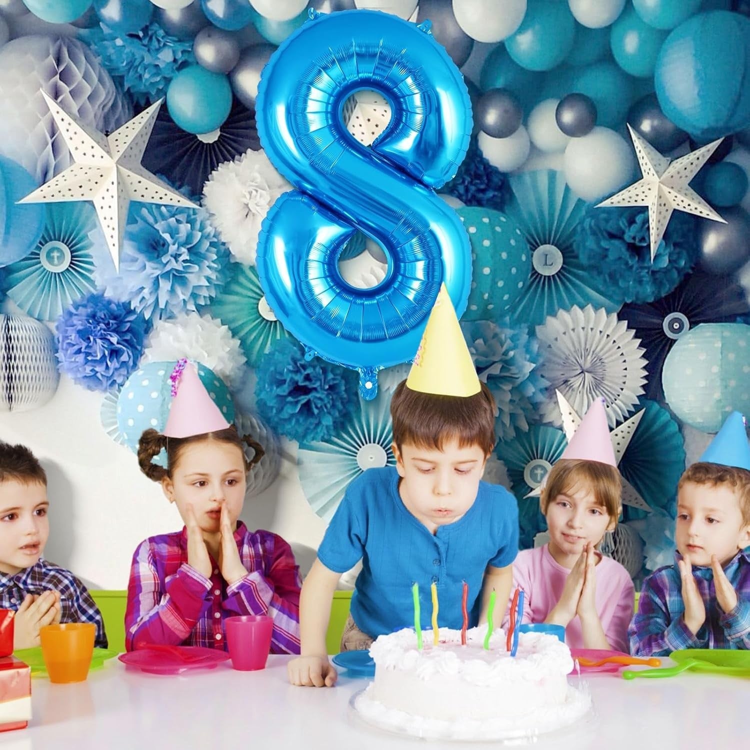 Balon din Folie Metalizata, Flippy, Figurina Cifra, Tema Aniversare 100 cm, Ambalaj Individual, Pai inclus, Umflare cu Aer sau Heliu, Albastru, Cifra 8-5