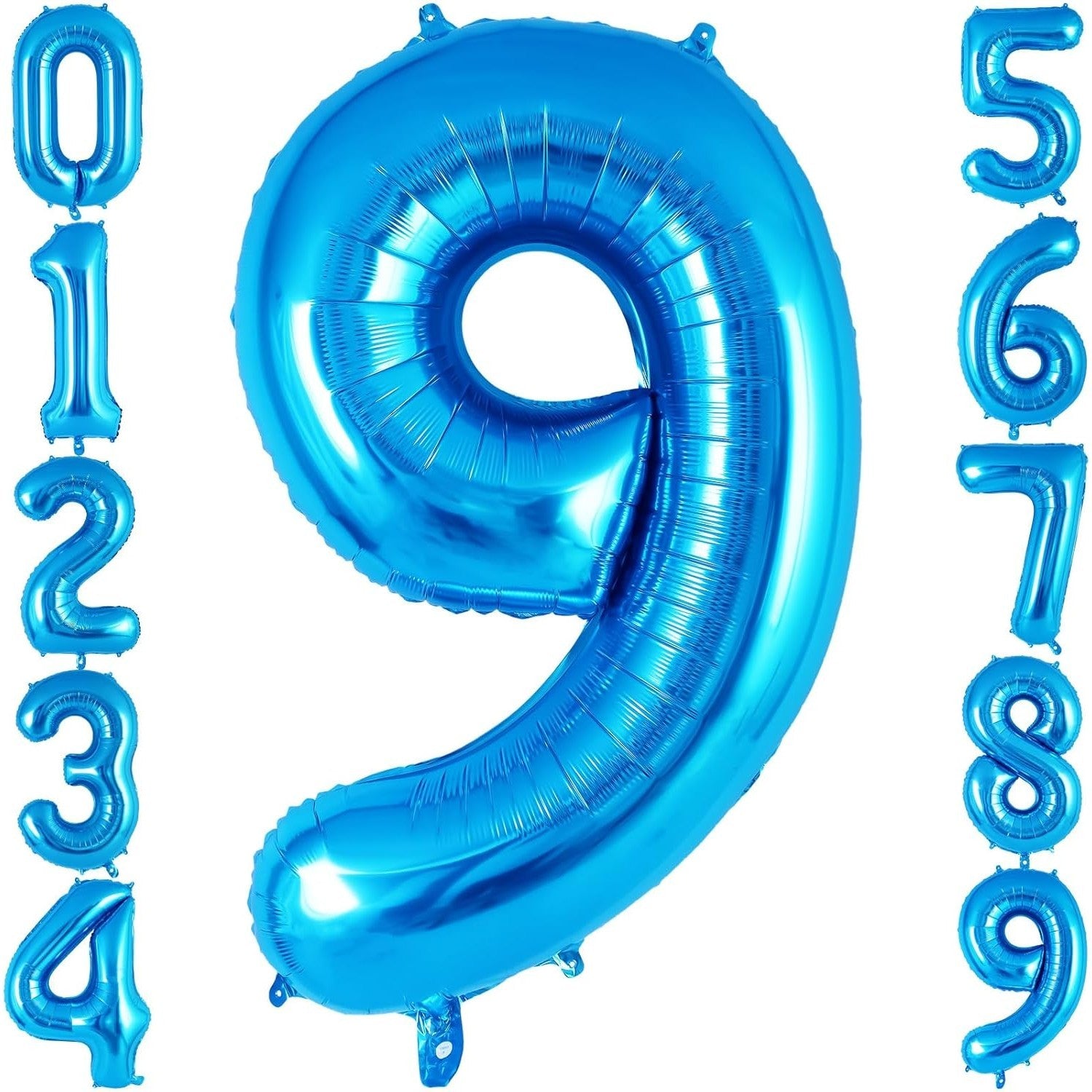 Balon din Folie Metalizata, Flippy, Figurina Cifra, Tema Aniversare 100 cm, Ambalaj Individual, Pai inclus, Umflare cu Aer sau Heliu, Albastru, Cifra 9-1