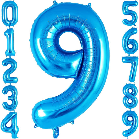 Balon din Folie Metalizata, Flippy, Figurina Cifra, Tema Aniversare 100 cm, Ambalaj Individual, Pai inclus, Umflare cu Aer sau Heliu, Albastru, Cifra 9-1