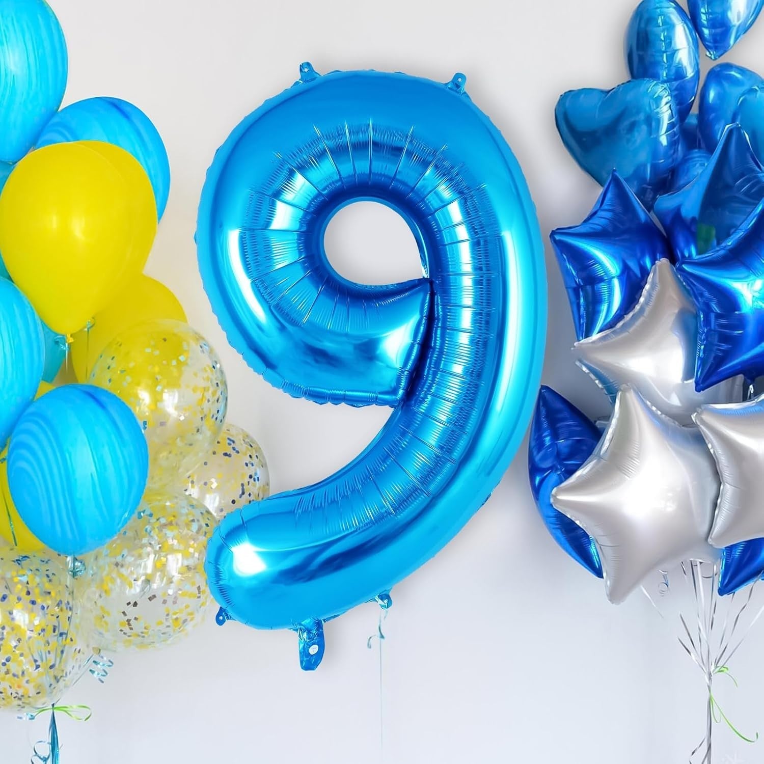 Balon din Folie Metalizata, Flippy, Figurina Cifra, Tema Aniversare 100 cm, Ambalaj Individual, Pai inclus, Umflare cu Aer sau Heliu, Albastru, Cifra 9-2