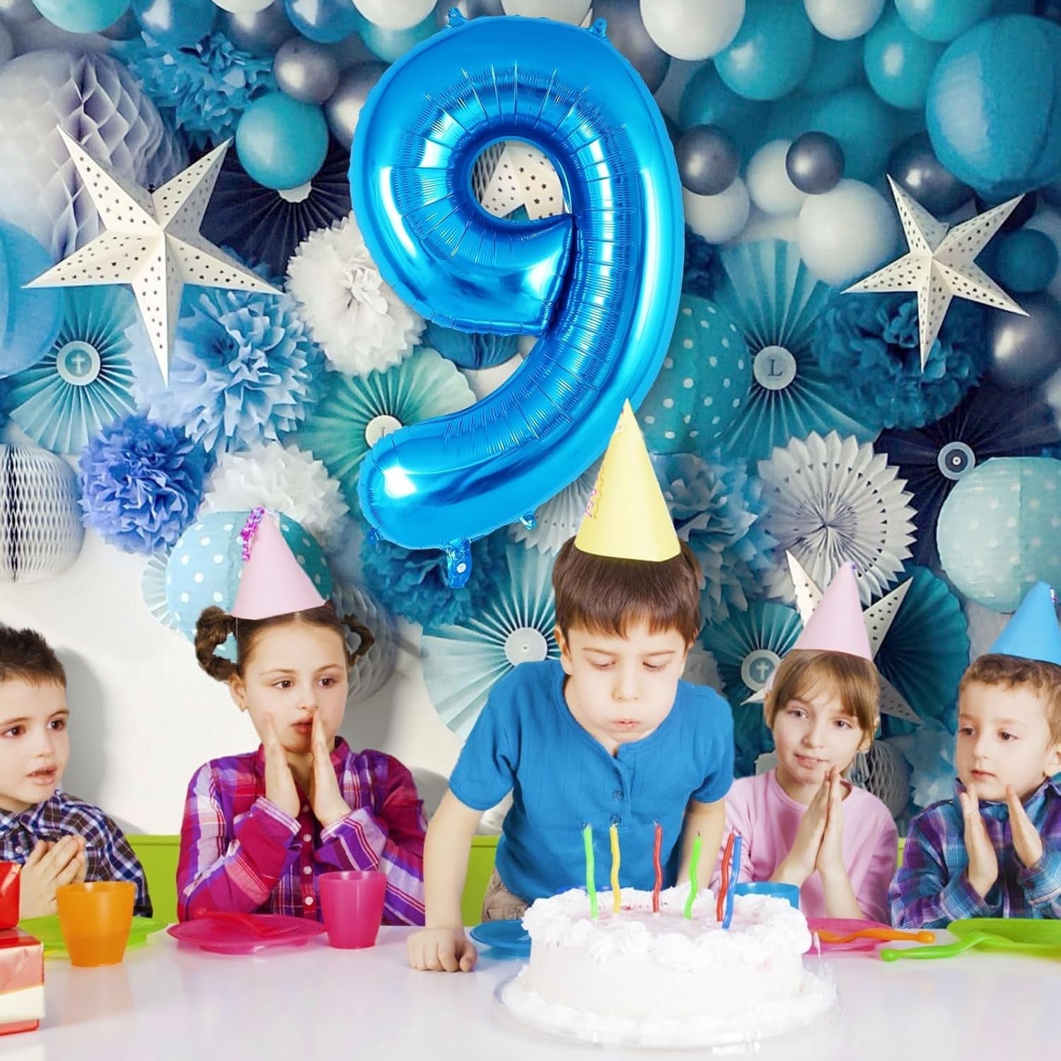 Balon din Folie Metalizata, Flippy, Figurina Cifra, Tema Aniversare 100 cm, Ambalaj Individual, Pai inclus, Umflare cu Aer sau Heliu, Albastru, Cifra 9-3