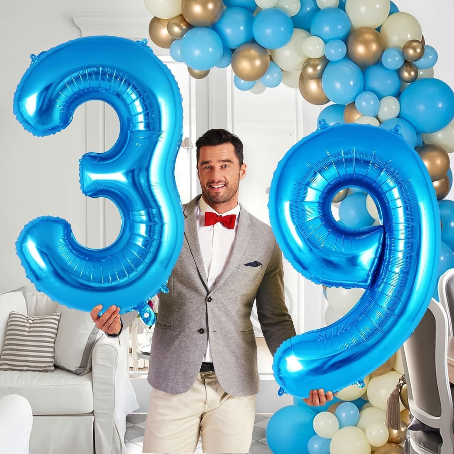 Balon din Folie Metalizata, Flippy, Figurina Cifra, Tema Aniversare 100 cm, Ambalaj Individual, Pai inclus, Umflare cu Aer sau Heliu, Albastru, Cifra 9-4