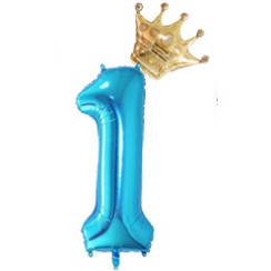 Balon din folie metalizata, Balon aniversar cu coronita, 100 cm, Albastru, Cifra 1-0