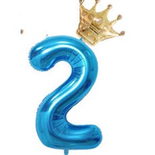 Balon din folie metalizata, Balon aniversar cu coronita, 100 cm, Albastru, Cifra 2-0