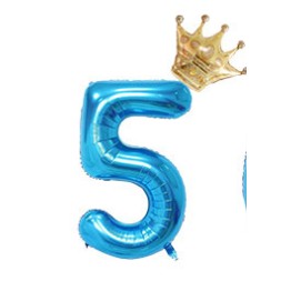 Balon din folie metalizata, Balon aniversar cu coronita, 100 cm, Albastru, Cifra 5-0