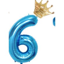 Balon din folie metalizata, Balon aniversar cu coronita, 100 cm, Albastru, Cifra 6-0