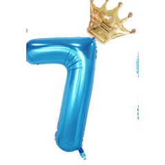 Balon din folie metalizata, Balon aniversar cu coronita, 100 cm, Albastru, Cifra 7-0