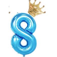 Balon din folie metalizata, Balon aniversar cu coronita, 100 cm, Albastru, Cifra 8-0