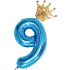 Balon din folie metalizata, Balon aniversar cu coronita, 100 cm, Albastru, Cifra 9-0
