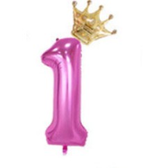 Balon din folie metalizata, Balon aniversar cu coronita, 100 cm, Roz, Cifra 1-0