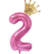 Balon din folie metalizata, Balon aniversar cu coronita, 100 cm, Roz, Cifra 2-0