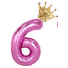 Balon din folie metalizata, Balon aniversar cu coronita, 100 cm, Roz, Cifra 6-0