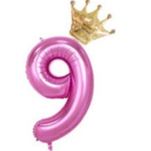 Balon din folie metalizata, Balon aniversar cu coronita, 100 cm, Roz, Cifra 9-0