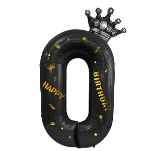 Balon din folie metalizata, Balon aniversar cu coronita si scris Happy Birthday, 100 cm, Negru, Cifra 0-0