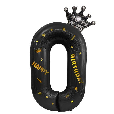 Balon din folie metalizata, Balon aniversar cu coronita si scris Happy Birthday, 100 cm, Negru, Cifra 0-0