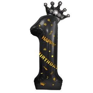 Balon din folie metalizata, Balon aniversar cu coronita si scris Happy Birthday, 100 cm, Negru, Cifra 1-0