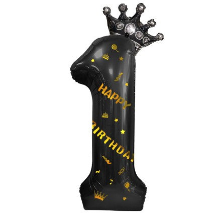 Balon din folie metalizata, Balon aniversar cu coronita si scris Happy Birthday, 100 cm, Negru, Cifra 1-0