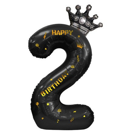Balon din folie metalizata, Balon aniversar cu coronita si scris Happy Birthday, 100 cm, Negru, Cifra 2-0