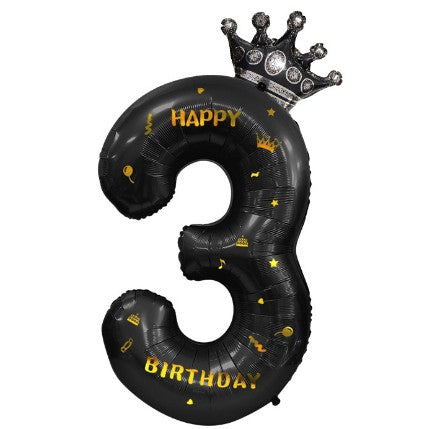 Balon din folie metalizata, Balon aniversar cu coronita si scris Happy Birthday, 100 cm, Negru, Cifra 3-0