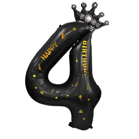 Balon din folie metalizata, Balon aniversar cu coronita si scris Happy Birthday, 100 cm, Negru, Cifra 4-0