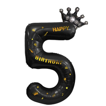 Balon din folie metalizata, Balon aniversar cu coronita si scris Happy Birthday, 100 cm, Negru, Cifra 5-0
