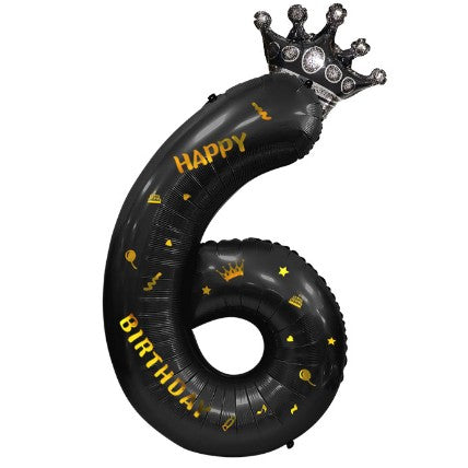 Balon din folie metalizata, Balon aniversar cu coronita si scris Happy Birthday, 100 cm, Negru, Cifra 6-0