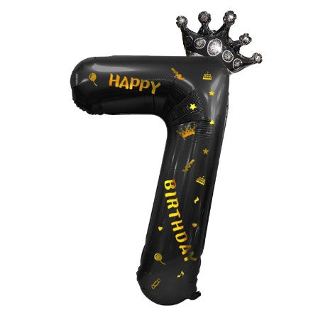 Balon din folie metalizata, Balon aniversar cu coronita si scris Happy Birthday, 100 cm, Negru, Cifra 7-0