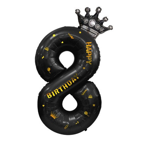 Balon din folie metalizata, Balon aniversar cu coronita si scris Happy Birthday, 100 cm, Negru, Cifra 8-0
