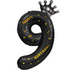 Balon din folie metalizata, Balon aniversar cu coronita si scris Happy Birthday, 100 cm, Negru, Cifra 9-0