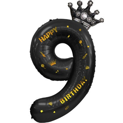 Balon din folie metalizata, Balon aniversar cu coronita si scris Happy Birthday, 100 cm, Negru, Cifra 9-0
