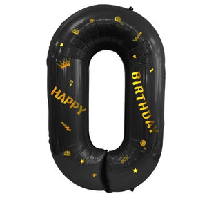 Balon din folie metalizata, cu tematica aurie si scris Happy Birthday, 100 cm, Negru, Cifra 0-0