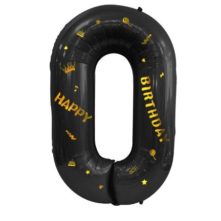 Balon din folie metalizata, cu tematica aurie si scris Happy Birthday, 100 cm, Negru, Cifra 0-0
