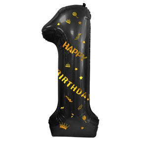 Balon din folie metalizata, cu tematica aurie si scris Happy Birthday, 100 cm, Negru, Cifra 1-0