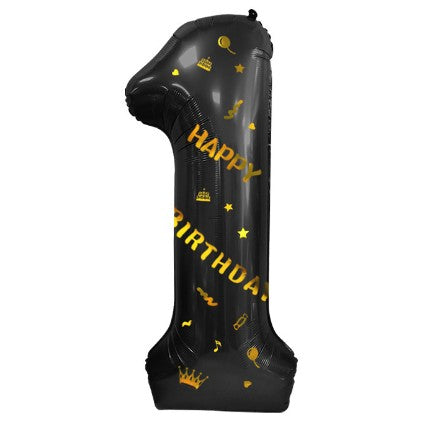 Balon din folie metalizata, cu tematica aurie si scris Happy Birthday, 100 cm, Negru, Cifra 1-0